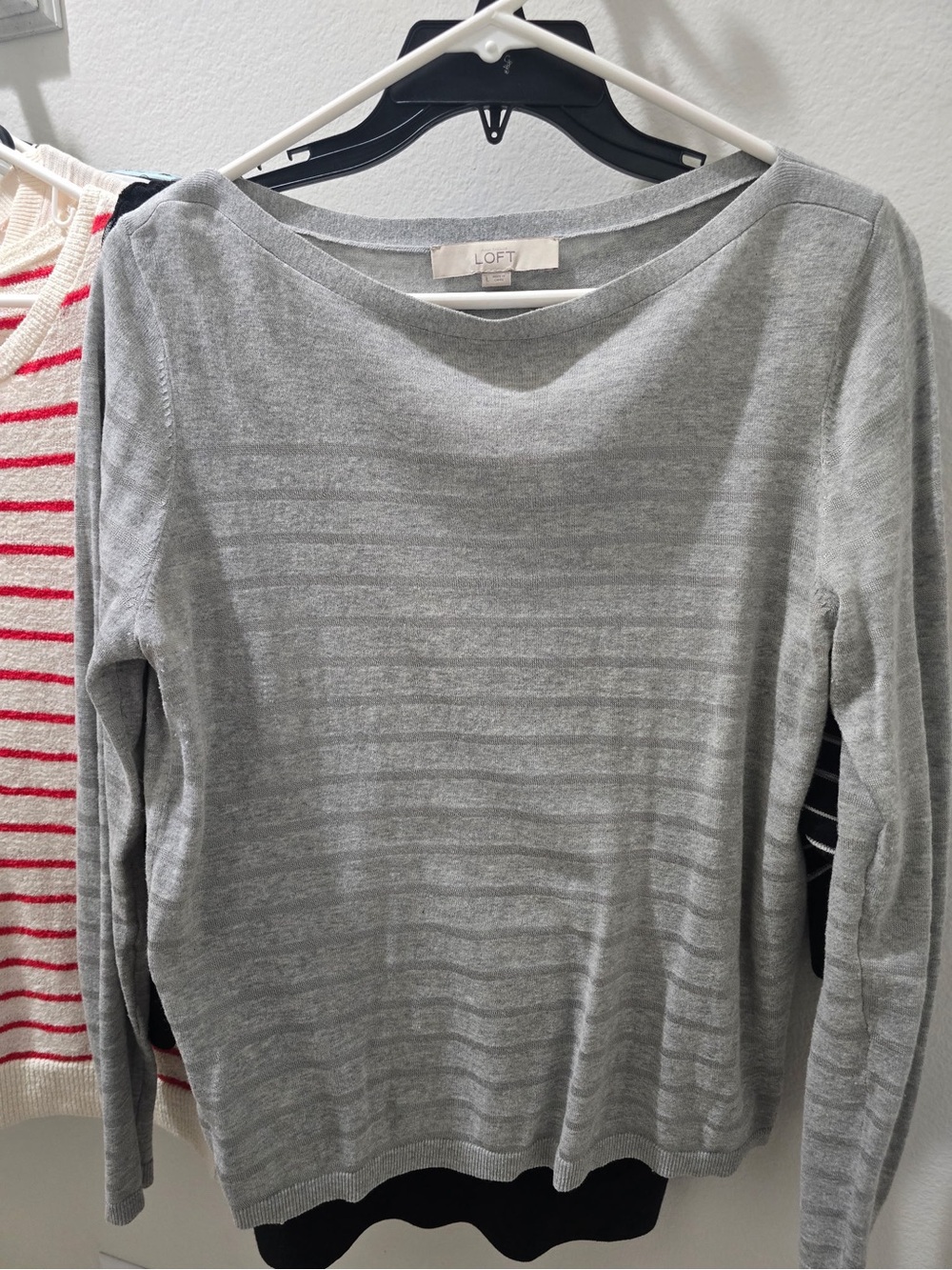 LOFT Light Gray Boatneck Striped Knit Sweater